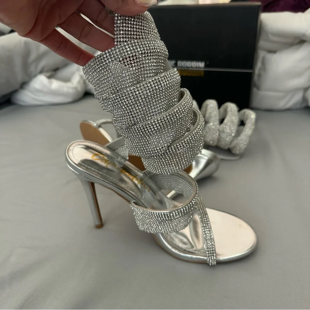 Cape Robbin Silver Rhinestone Wrap Gladiator High Heel Sandals